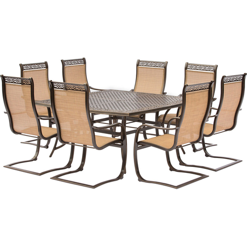 Hanover Manor 9PC Dining Set: 8 Spring Sling Chairs and 60  Square Cast Table