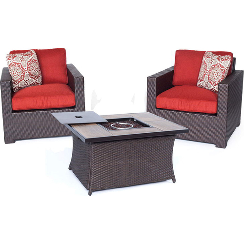 Hanover Metro3pc FP Set: 2 Deep Seating Side Chairs Woven Fire Pit Coffee Table Autumn