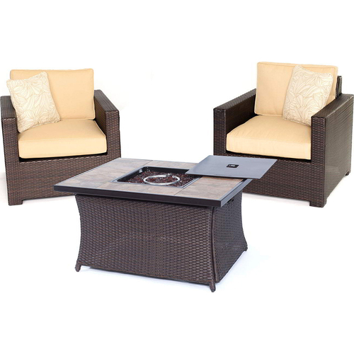 Hanover Metro3pc FP Set: 2 Deep Seating Side Chairs Woven Fire Pit Coffee Table Sahara