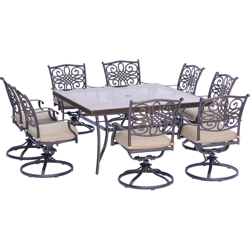 Hanover Traditions 9PC Dining Set: 8 Swivel Chairs and 60  Square Glass Table
