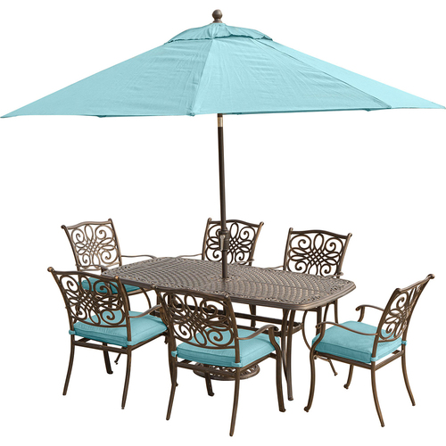 Hanover Traditions 7PC Dining Set: 6 Chrs (Blue) 38 x72  Table UmbrellaStand