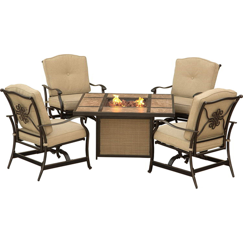 Hanover Traditions 5pc Fire Pit Set: 4 Cush. Rockers; 1 Tile Top Fire Pit