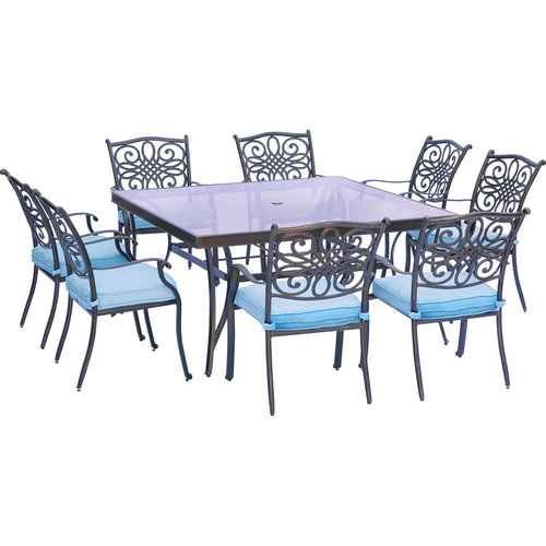 Hanover Traditions 9PC Dining Set: 8 Chairs (Blue) and 60  Square Glass Table