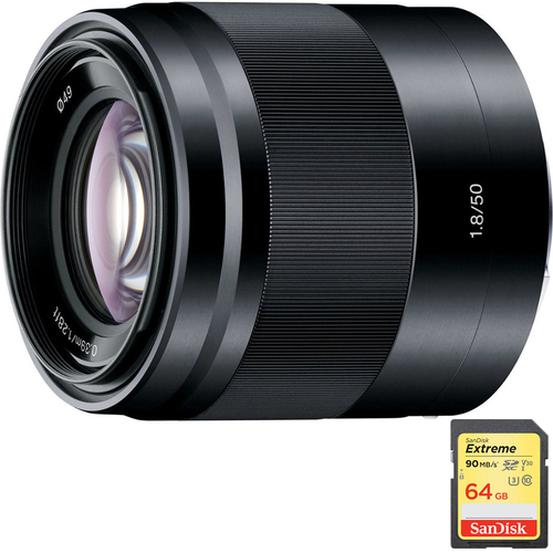 Sony 50mm f/1.8 Mid-Range Prime E-Mount Lens Black + 64GB Extreme SD Memory Card