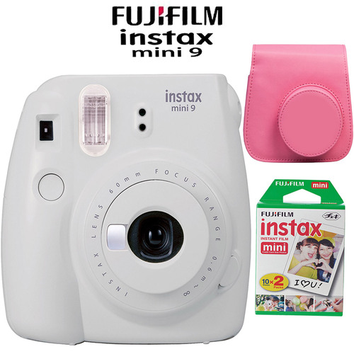 Fujifilm Instax Mini 9 Instant Camera Smokey White Bundle w/ Pink Case & Twin Pack Film
