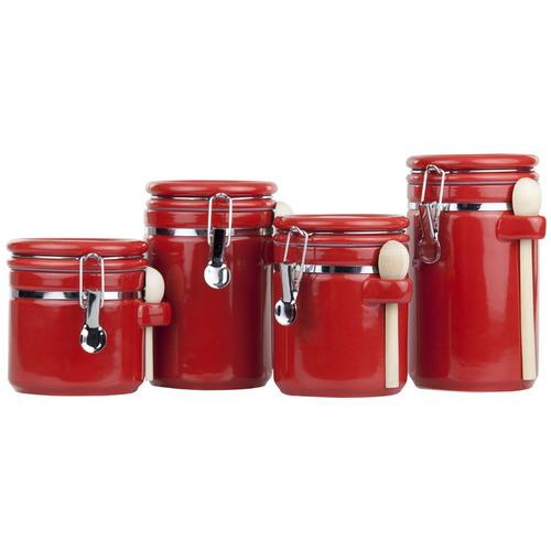 Home Basics CS44155 4 Piece Ceramic Canister Set with Spoon, Red