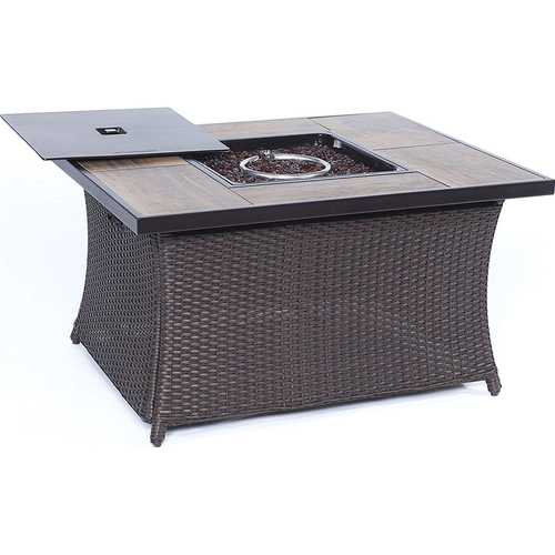 Hanover Hanover Woven Coffe Table Fire Pit with Wood Grain Tile Top and Lid