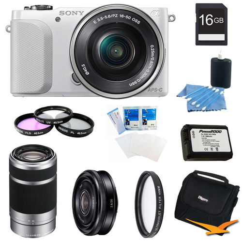 Sony NEX-3NL White Digital Camera 16-50mm Lens 16GB 55-210mm, 20mm f/2.8  Lens Bundle