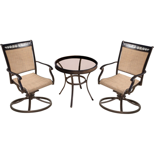 Hanover 3pc Bistro Set: 2 Sling Swivel Chairs 30  Glass Top Table