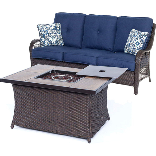 Hanover Orleans2pc FP Seating Set: Sofa Fire Pit Coffee Tbl w/Wood Grain Tile