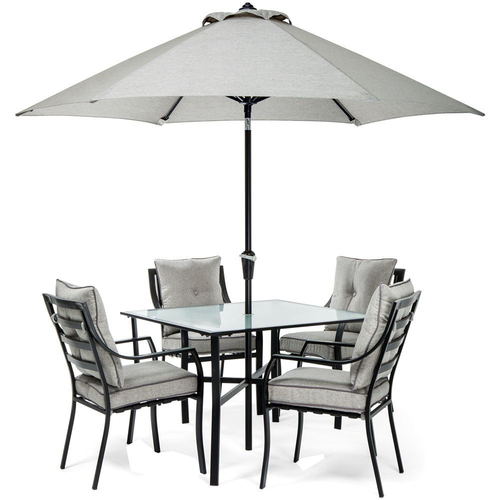 Hanover 5pc Dining Set: 4 Chairs 1 Square Table 1 Umbrella 1 Umb Base