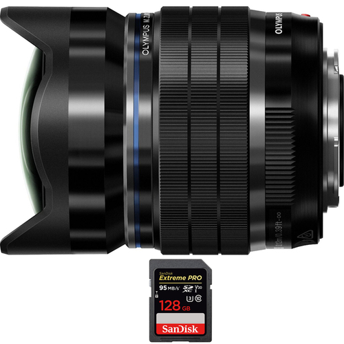 Olympus M.Zuiko Digital ED 8mm f1.8 Fisheye PRO Lens with 128GB Memory Card
