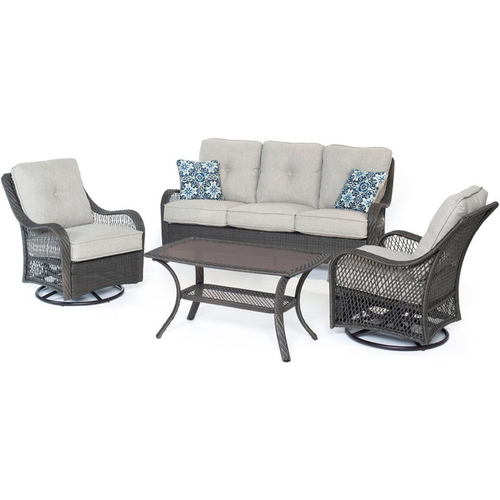 Hanover Orleans4pc Seating Set: 2 Swivel Rockers Sofa Coffee Table Grey Weave