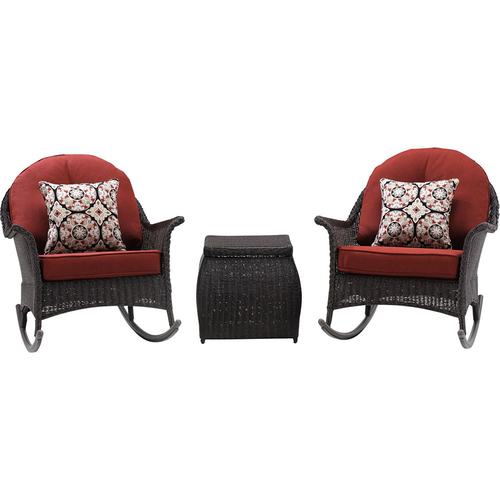 Hanover San Marino 3pc Set: 2 Woven Rocking Chairs One Side Table Crimson Red