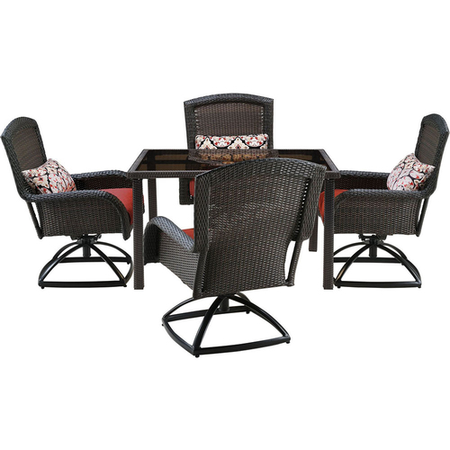 Hanover Strathmere 5pc Dining Set: 4 Swivel Chairs 1 Sq. Woven Tbl w/Glass Top