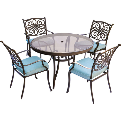 Hanover Traditions 5PC Dining Set: 4 Chairs (Blue) and 48  Glass Table