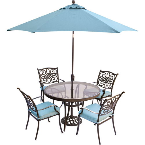 Hanover Traditions 5PC Dining: 4 Chairs (Blue) 48  Glass Table Umbrella Stand