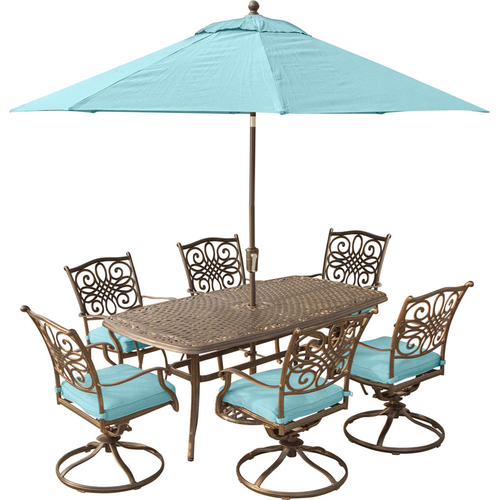 Hanover Traditions 7PC Dining: 6 swivel chrs (Blue)38 x72  Cast Tbl Umb Stand