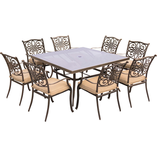 Hanover Traditions 9PC Dining Set: 8 Chairs and 60  Square Glass Table