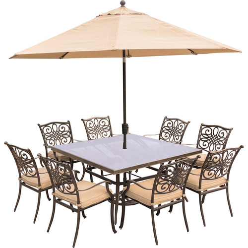 Hanover Traditions 9PC Dining Set: 8 Chairs60  Square Glass Table Umb Stand