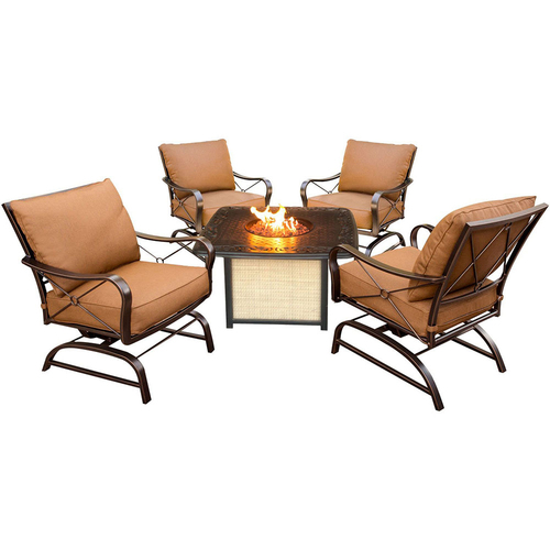 Hanover Summer Nights 5pc Fire Pit: 4 Cushion Rockers Cast Top Fire Pit w/lid