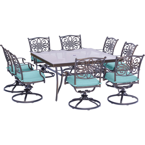 Hanover Traditions 9PC Dining Set: 8 Swivel Chairs(Blue)and 60  Square Glass Tbl