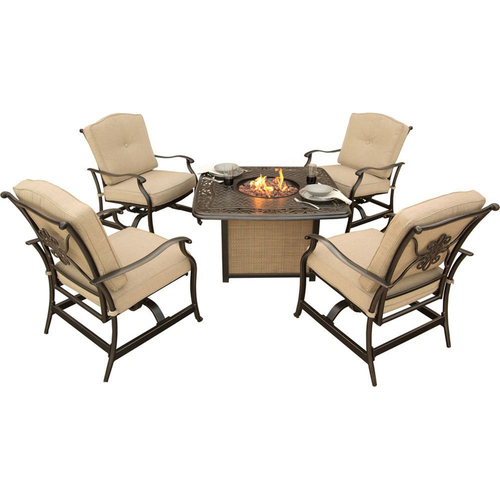 Hanover Traditions 5pc Fire Pit Set: 4 Cush. Rockers; 1 Gas Fire Pit w/lid