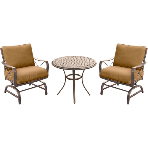Hanover Summer Nights 3PC Dining Set: 2 Steel Rockers with 30  Cast Table