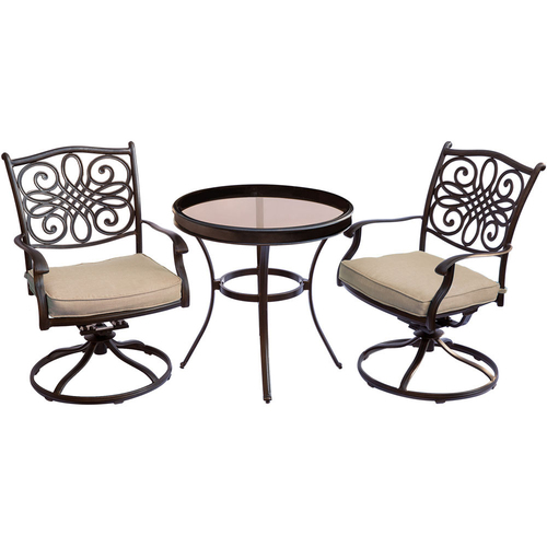 Hanover Traditions 3PC Bistro Set: 2 Swivel Chairs and 30  Glass Table