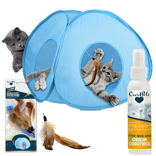 OurPets Pounce House Feather Tent Spinning Cat Toy w/ 2 Wands + Litter Spray