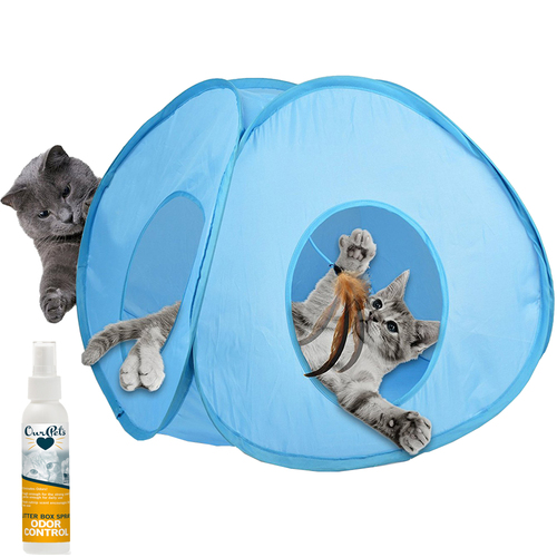 OurPets Pounce House Interactive Feather Tent Spinning Toy w/ 4 Oz. Odor Control