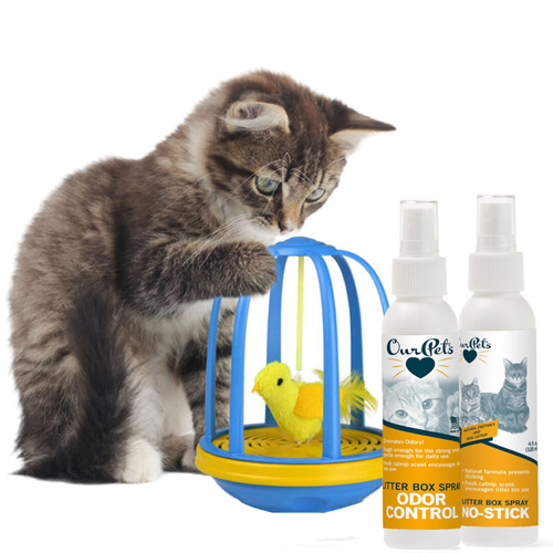 OurPets Bird in a Cage Electronic Cat Toy (1400013433) + Odor and No Stick Litter Spray