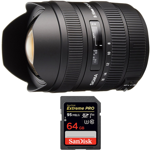 Sigma 8-16mm f/4.5-5.6 DC HSM FLD AF Lens for APS-C sized Sony+64GB Memory Card