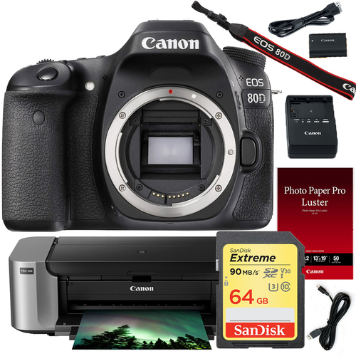 Canon EOS 80D 24.2 MP CMOS DSLR Camera Body, Pro-100 Printer, Paper & 64GB Card Bundle