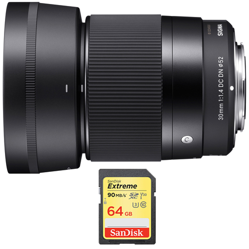 Sigma 30mm F1.4 DC DN Lens for Sony E Mount Bundle with 64GB SDXC Memory Card