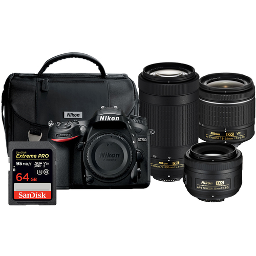 Nikon D7200 DX 24.2MP DSLR Camera + AF-P 18-55mm & 70-300mm Lens + 35mm AF-S Lens Kit