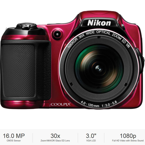 Nikon COOLPIX L820 16 MP 30x Zoom Red Digital Camera - Certified Refurbished