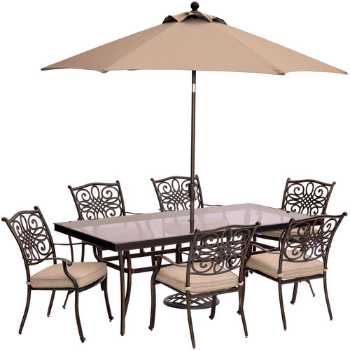 Hanover Traditions 7PC Dining Set: 6 Chairs 42 x84  Glass Table UmbStand