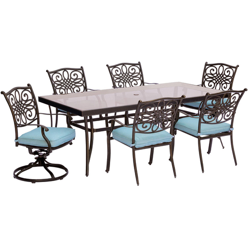 Hanover Traditions 7PC Dining Set:4 Chairs 2 Swvl Chairs (Blue)42 x84  Glass Tbl