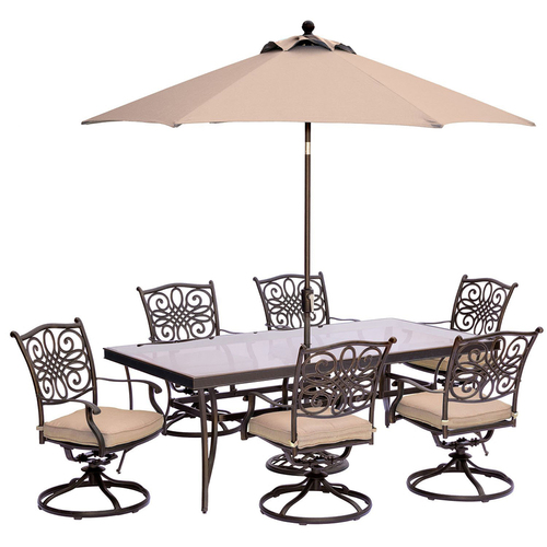 Hanover Traditions 7PC Dining Set: 6 Swl Chrs42 x84  Glass Table Umb Stand