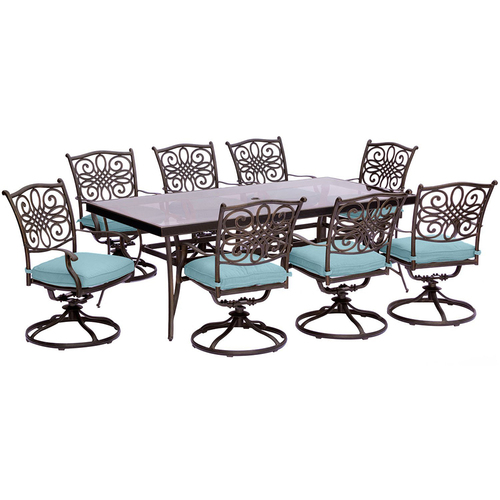 Hanover Traditions 9PC Dining Set:8 Swivel Chairs (Blue) and 42 x84  Glass Table