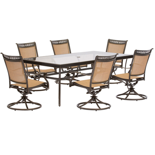 Hanover 7pc Dining Set: 6 Sling Swivel Chairs 42x84  Glass Dining Table