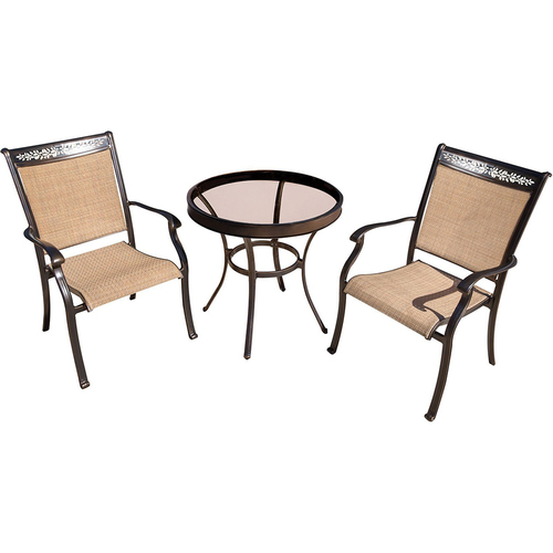Hanover 3pc Bistro Set: 2 Sling Dining Chairs 30  Glass Top Table