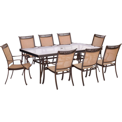 Hanover 9pc Dining Set: 8 Sling Dining Chairs 42x84  Glass Dining Table