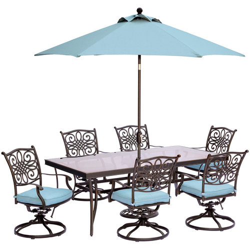 Hanover Traditions 7PC Dining: 6 Swl Chrs(Blue)42 x84  Glass Table Umb Stand