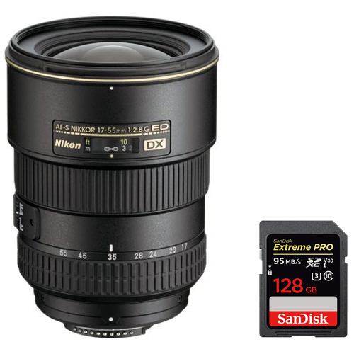 Nikon 17-55mm F/2.8G ED-IFAF-S DX Zoom Lens + Sandisk 128GB Memory Card