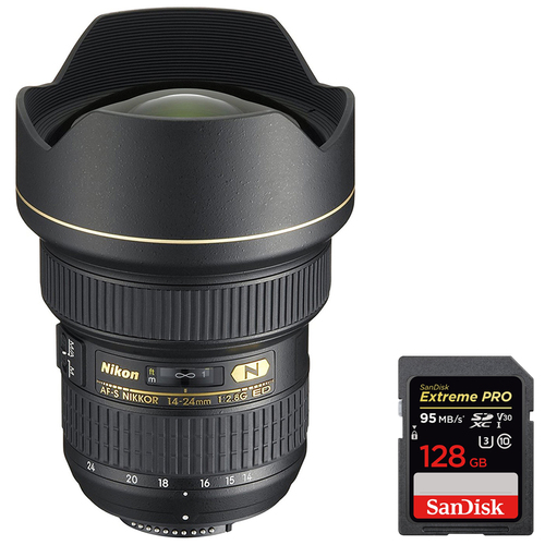 Nikon 14-24mm f/2.8G AF-S NIKKOR ED Lens + Sandisk 128GB Memory Card