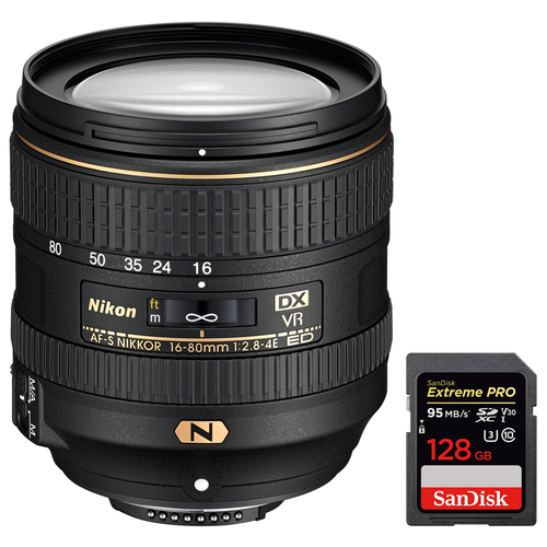 Nikon AF-S DX NIKKOR 16-80mm f/2.8-4E ED VR Lens + Sandisk 128GB Memory Card