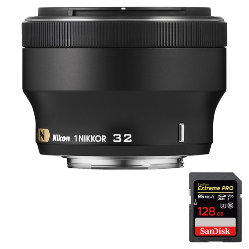 Nikon 1 NIKKOR 32mm f/ 1.2 Lens (Black) + Sandisk 128GB SDXC Memory Card