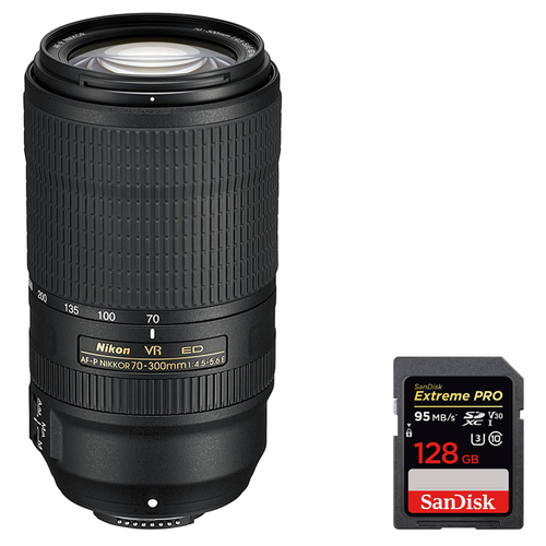 Nikon AF-P NIKKOR 70-300mm f/4.5-5.6E ED VR Fixed Zoom Lens + 128GB Memory Card